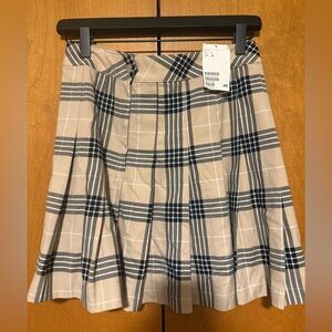 H&M Beige and Navy Plaid Pleated Skater Skirt